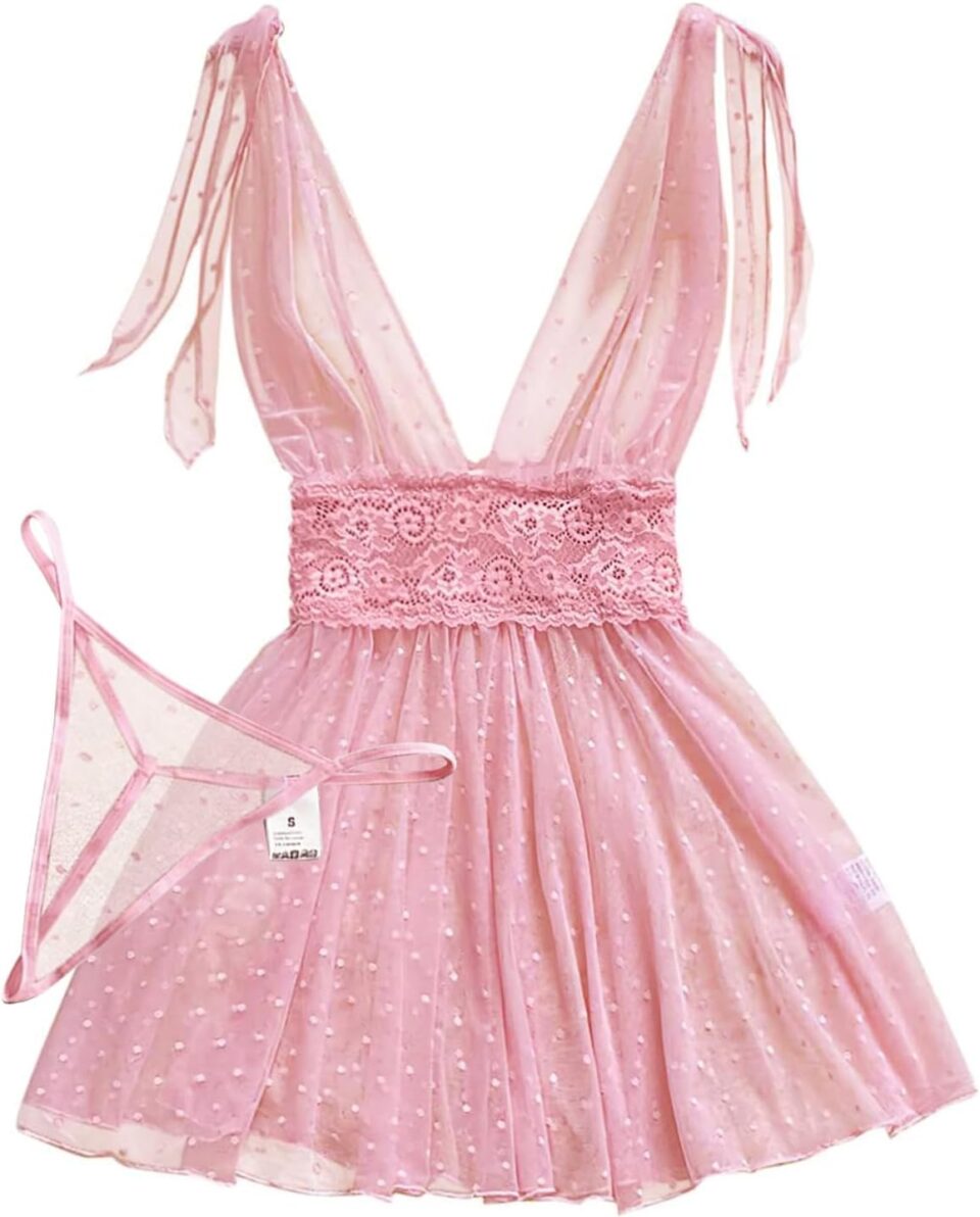 Lilosy Sexy Polka Dots Mesh Sheer Lace Babydoll Chemise Lingerie Set Floral Lace Sleep Wear