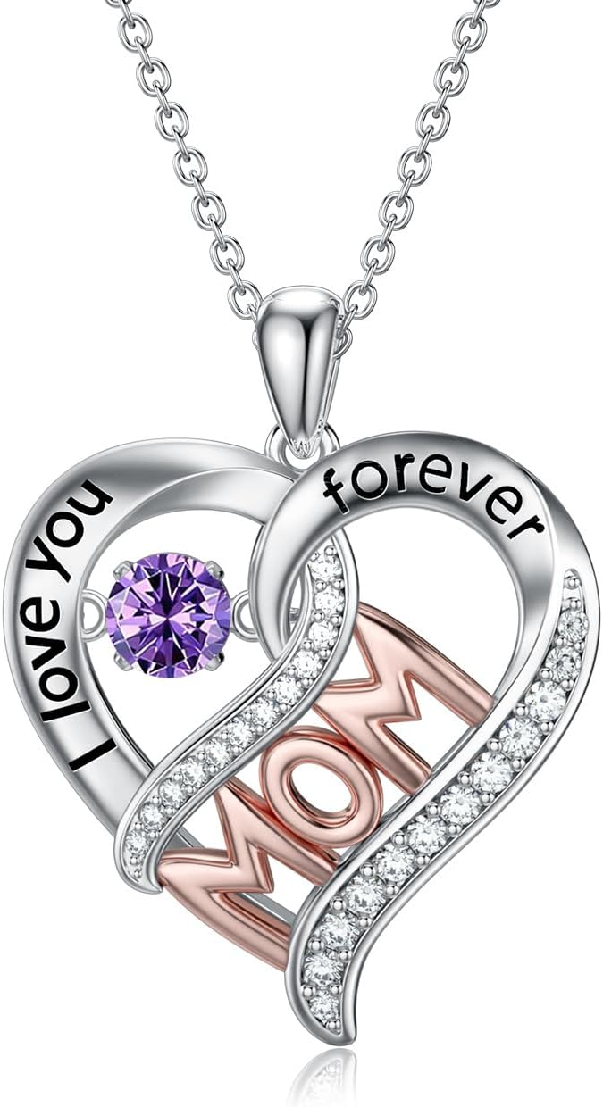OCJ Birthstone Necklaces for Mom 925 Sterling Silver I Love You Mom Heart Pendant Mother Jewelry Mothers Day Gifts for Mom Birthday Gifts from Daughters Son