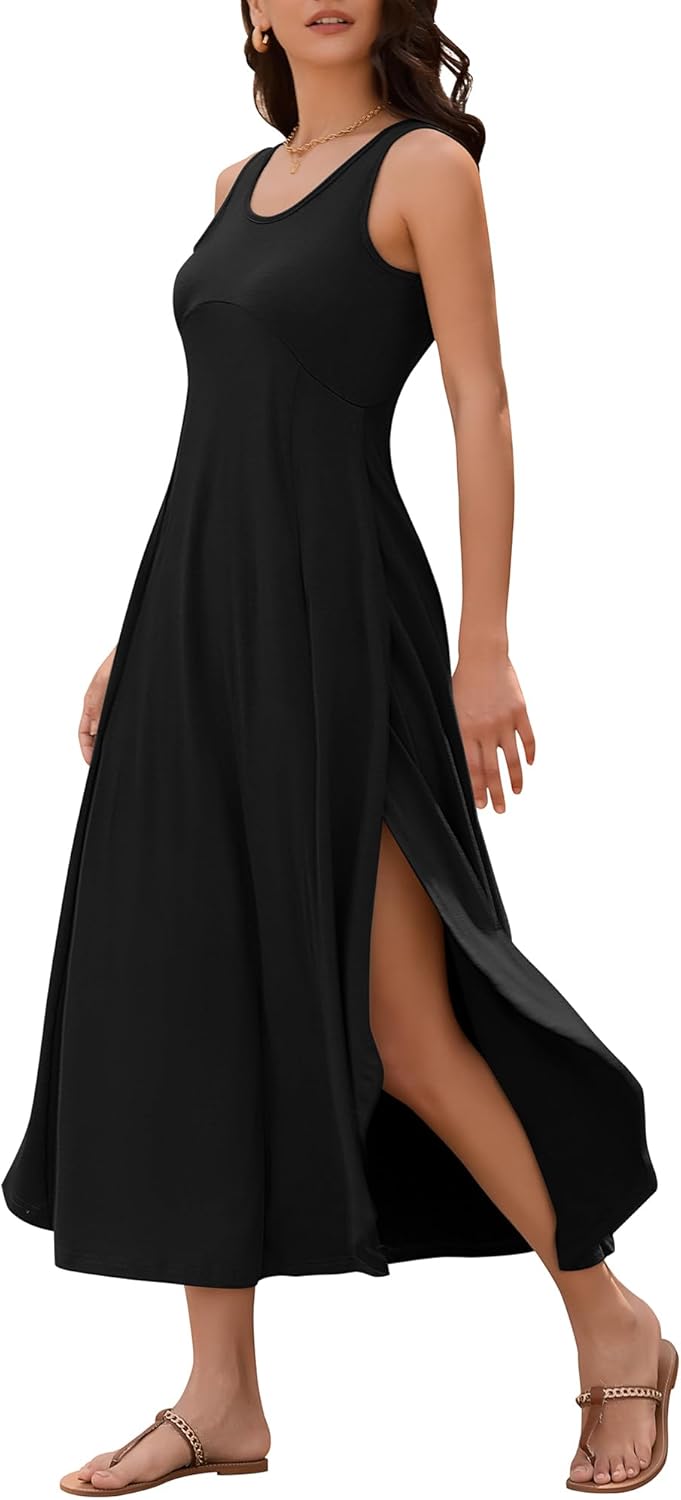 ZAFUL U Neck Backless Split Flowy Maxi Casual Tank Dress