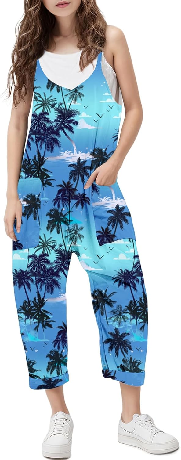 RAISEVERN Jumpsuits for Girls Casual Sleeveless Loose Spaghetti Strap Summer Rompers Long Pants with Pockets