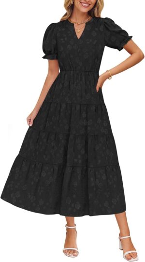 ZESICA Womens 2025 Summer Puff Short Sleeve Midi Dress Floral V Neck Textured Ruffle Flowy Beach Party Dresses