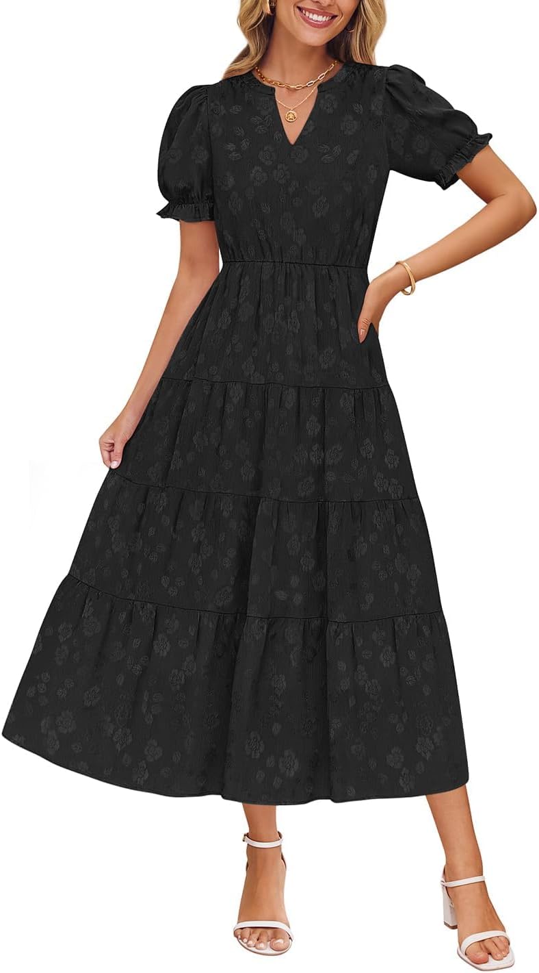 ZESICA Womens 2025 Summer Puff Short Sleeve Midi Dress Floral V Neck Textured Ruffle Flowy Beach Party Dresses