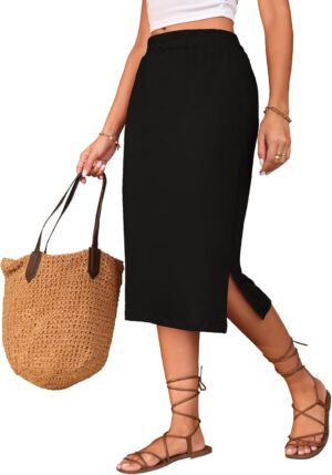 Naggoo Midi Skirts for Women Summer Elastic High Waisted Side Slit Long Skirt