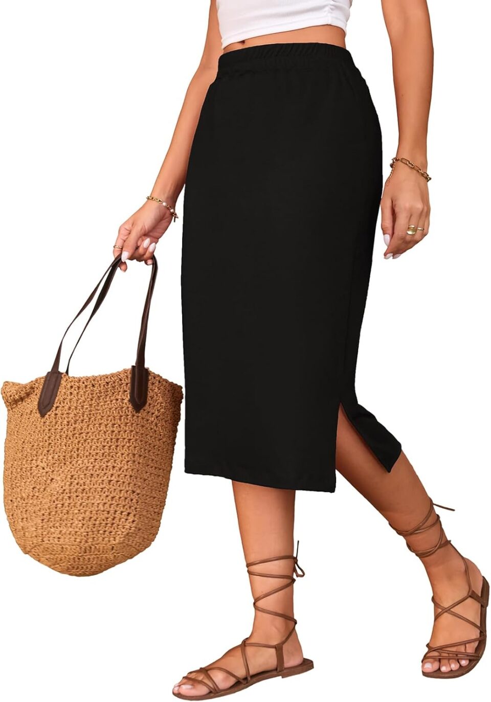 Naggoo Midi Skirts for Women Summer Elastic High Waisted Side Slit Long Skirt