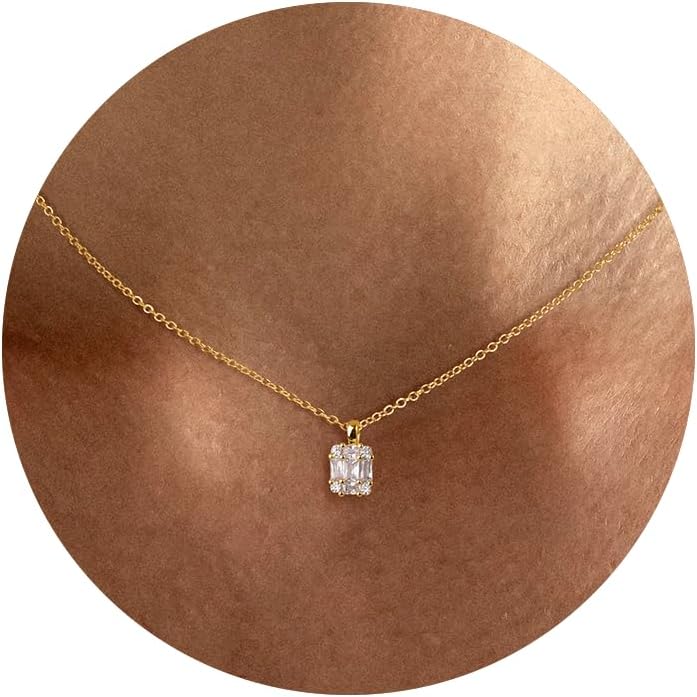 Tewiky Diamond Pendant Necklace for Women， Dainty Gold Layered Necklaces 14k Gold Plated Stacked Cuban Paperclip Chain Choker Necklaces Aesthetic Simple Gold Necklace Jewelry Gifts for Women