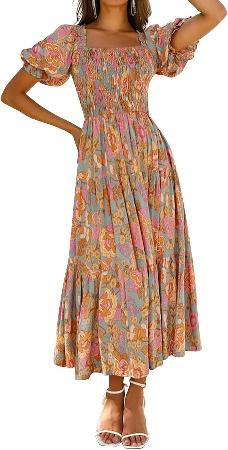 ZESICA Women's 2025 Summer Boho Floral Print Square Neck Ruffle Swing Beach Long Maxi Dress