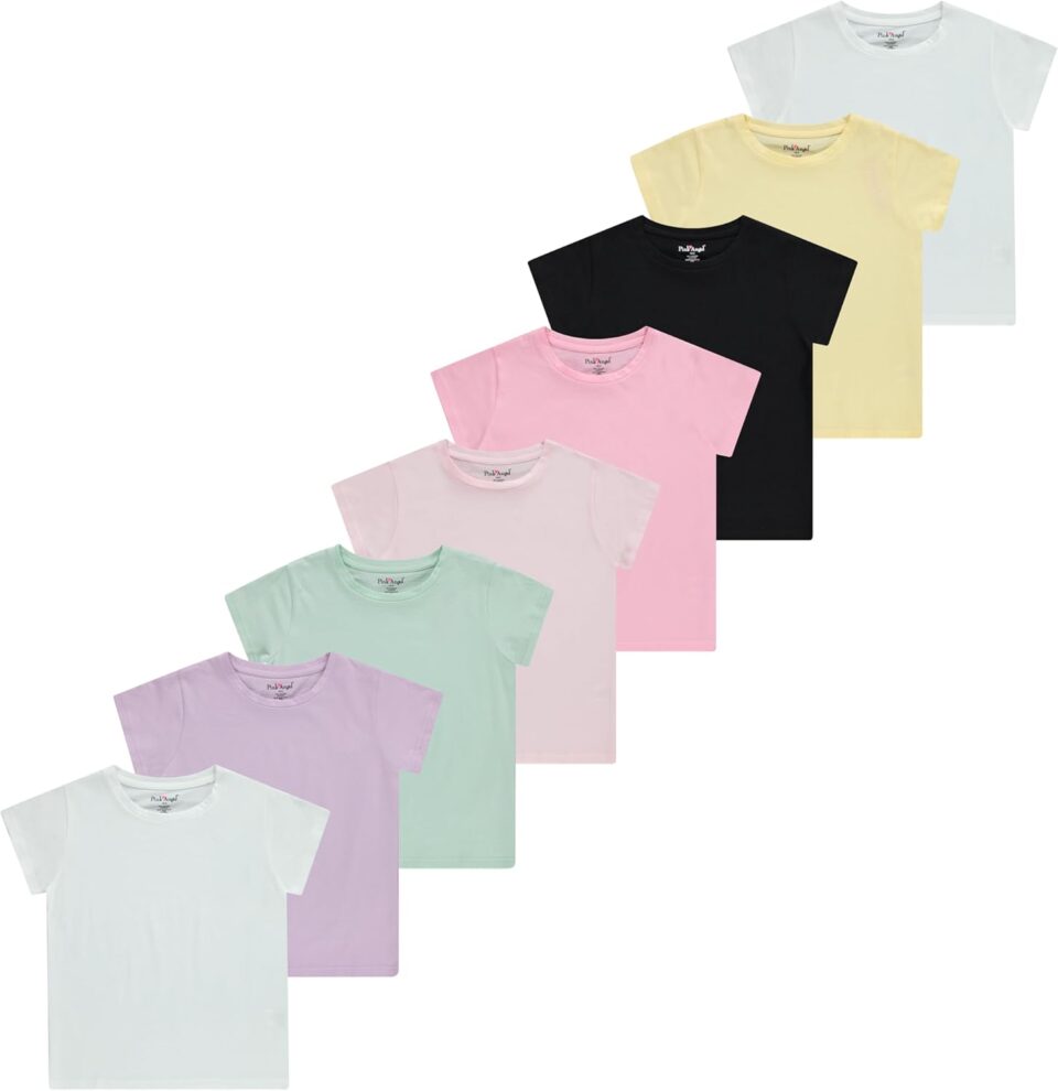 Pink Angel Kids Girls Cotton Crew Neck Shirt, Casual Solid Plain Short Sleeve Tees - 8 Pack, Assorted Colors