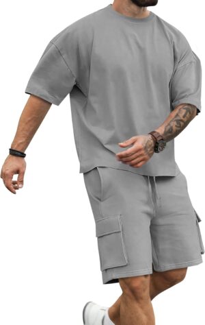 Babioboa Men's Short Sets 2 Piece Outfits Short Sleeve Crewneck Summer T Shirt and Drawstring Casual Track Shorts Set