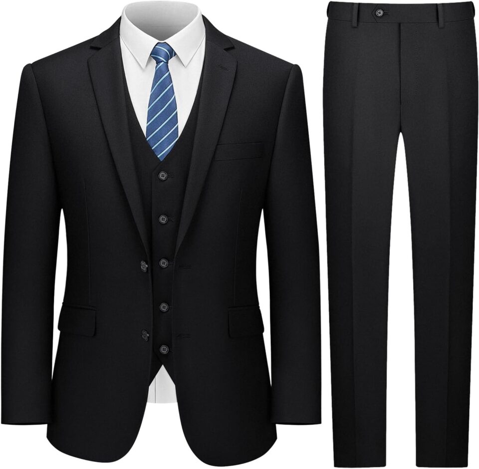 LUPURTY Men's Suits Slim Fit, 3 Piece Suits for Men, 2 Buttons Solid Jacket Vest Pants, Tuxedo Set for Business, Wedding