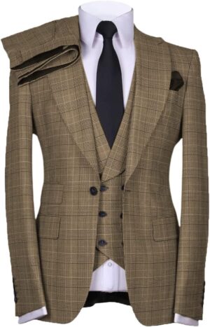 Casual Men's Suits Regular Fit 3 Pieces Double Breasted Plaid Wool Tuxedos Business Blazer+Vest+Pants Wedding