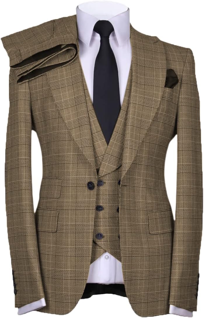 Casual Men's Suits Regular Fit 3 Pieces Double Breasted Plaid Wool Tuxedos Business Blazer+Vest+Pants Wedding