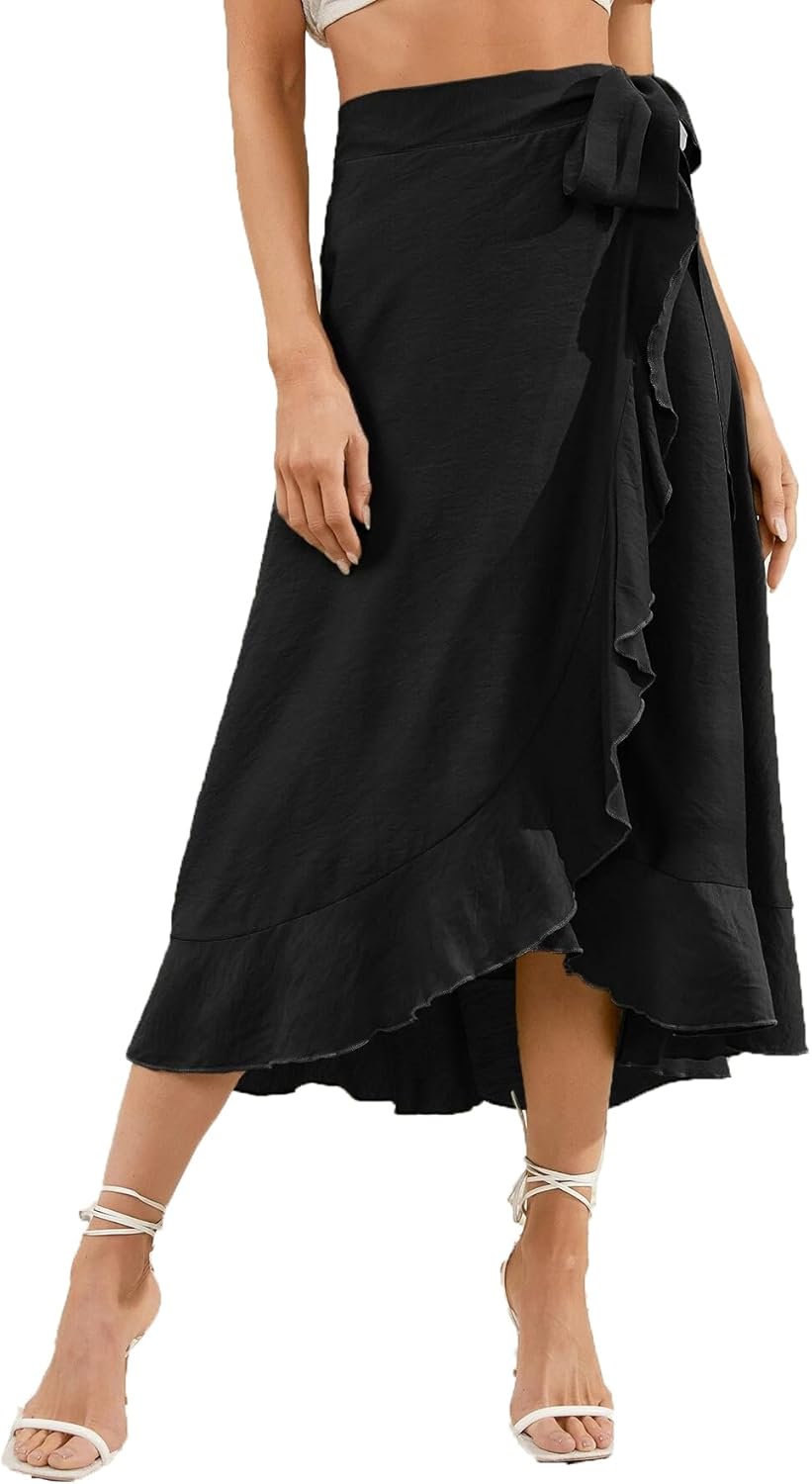 Womens Wrap Skirt Tie Waist Ruffle Hem Asymmetrical Flowy Split Beach Midi Skirts
