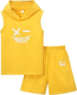Kids Boys Summer 2PCS Outfits Sleeveless Hooded Loose Casual Top Shirt and Elastic High Waist Sports Short Pant Set