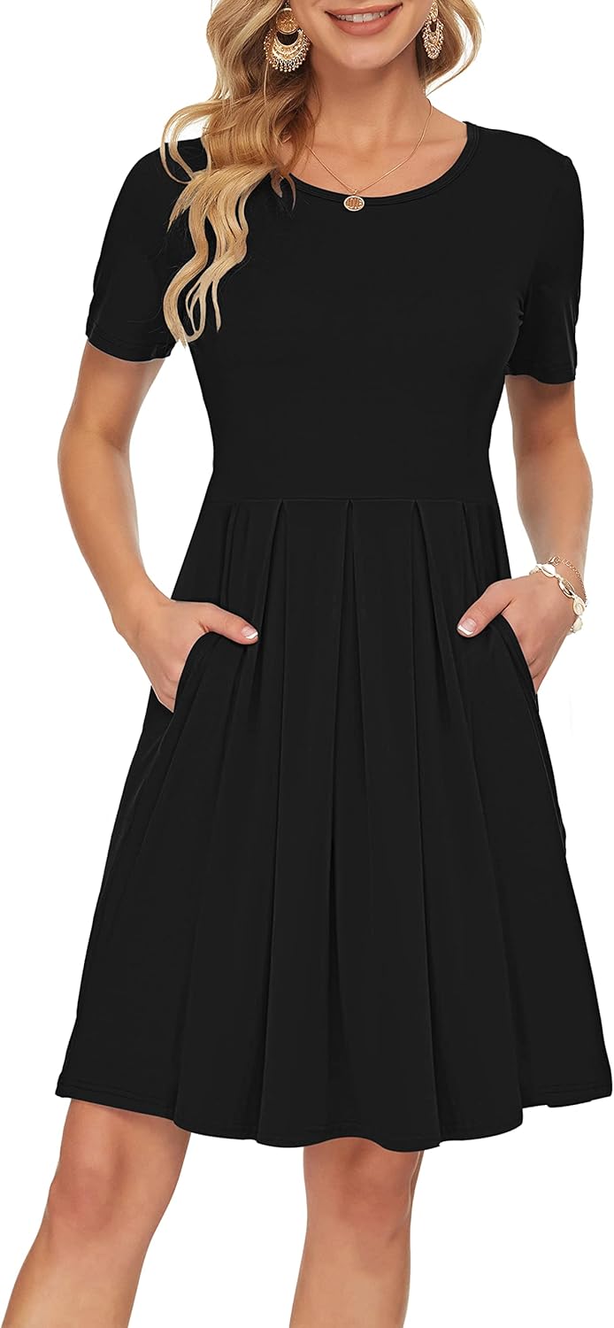AUSELILY Women's Short Sleeve Summer Dress Pleated Loose Swing Knee Length Dresses with Pockets 2025 New