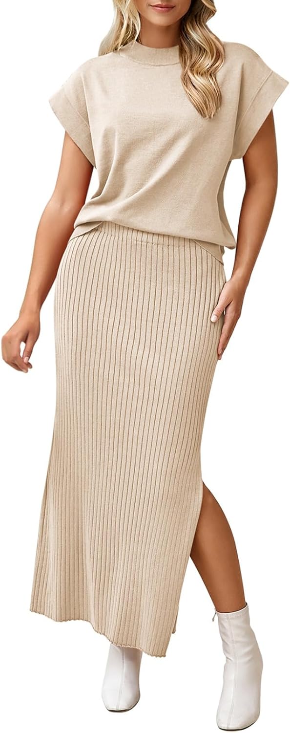 Pink Queen Women's 2 Piece Sweater Outfits Set Summer Cap Sleeve Tops Bodycon Maxi Long Skirt Knit Dresses