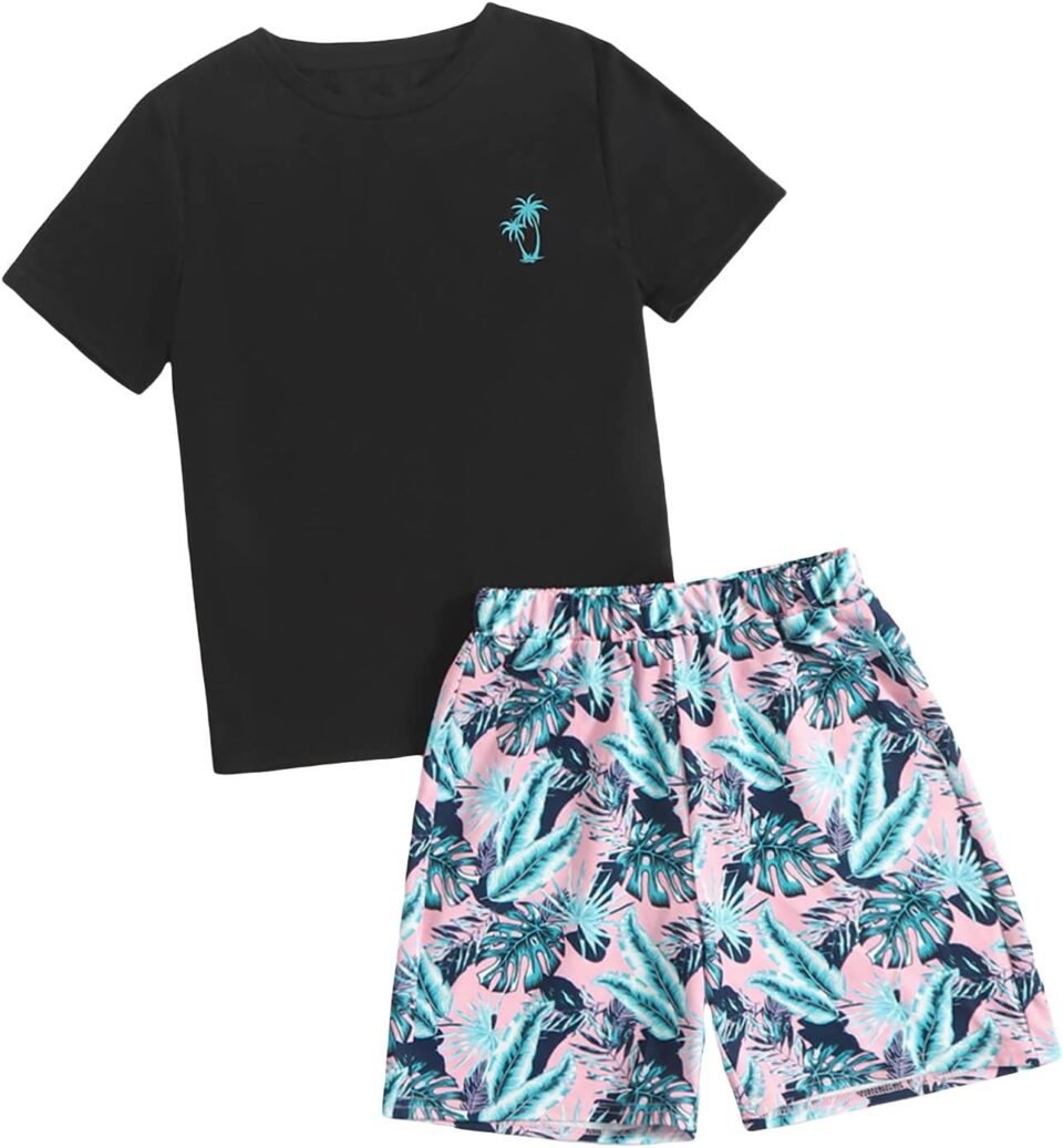 SHENHE Boy's 2 Piece Set Tropical Print Short Sleeve Crewneck T Shirt and Shorts Set Vacation Outfits