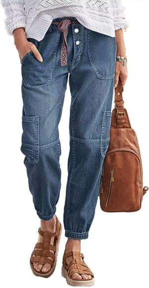 Flamingals Straight Leg Button Fly Jeans for Women Multi Pocket Mid Rise Jeans Without Belt Denim Pants