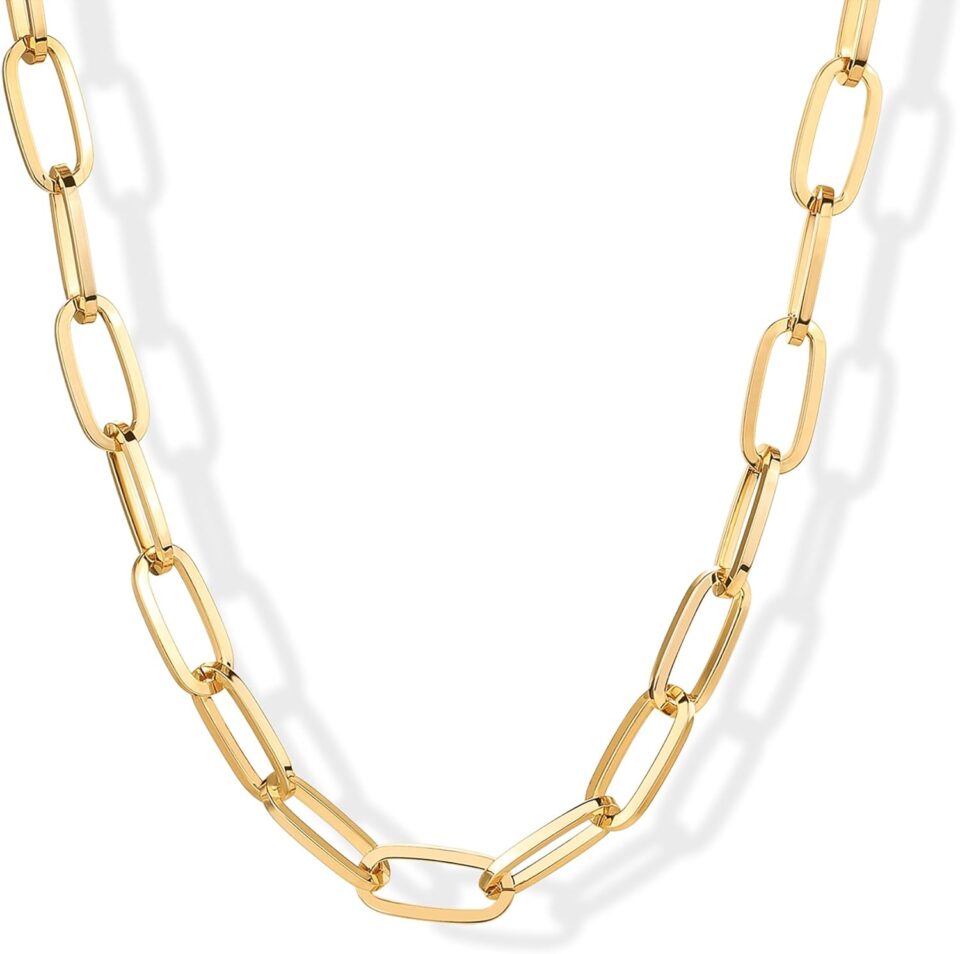 PAVOI 14K Gold Plated Chunky Chain Choker Necklaces for Women | Gold Statement Graduated Link Chain Necklace | Bold Oval Link Barbell Links Paperclip Chains