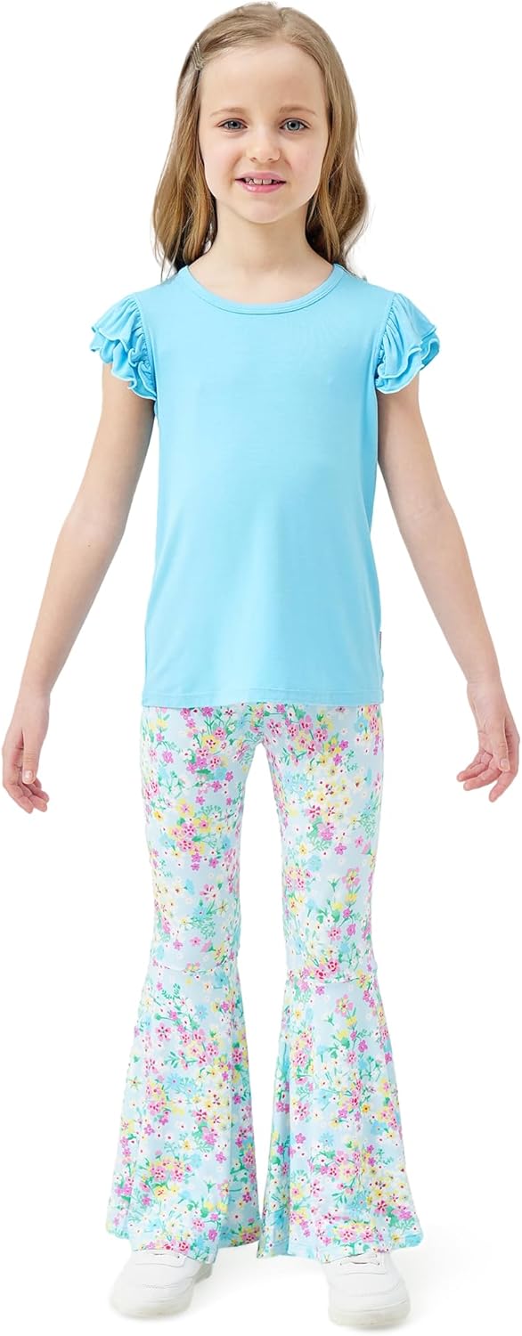 Girls' Clothing Sets Ruffle Short Sleeve Top with Bell Bottom Soft Summer 2 Piece Outfit