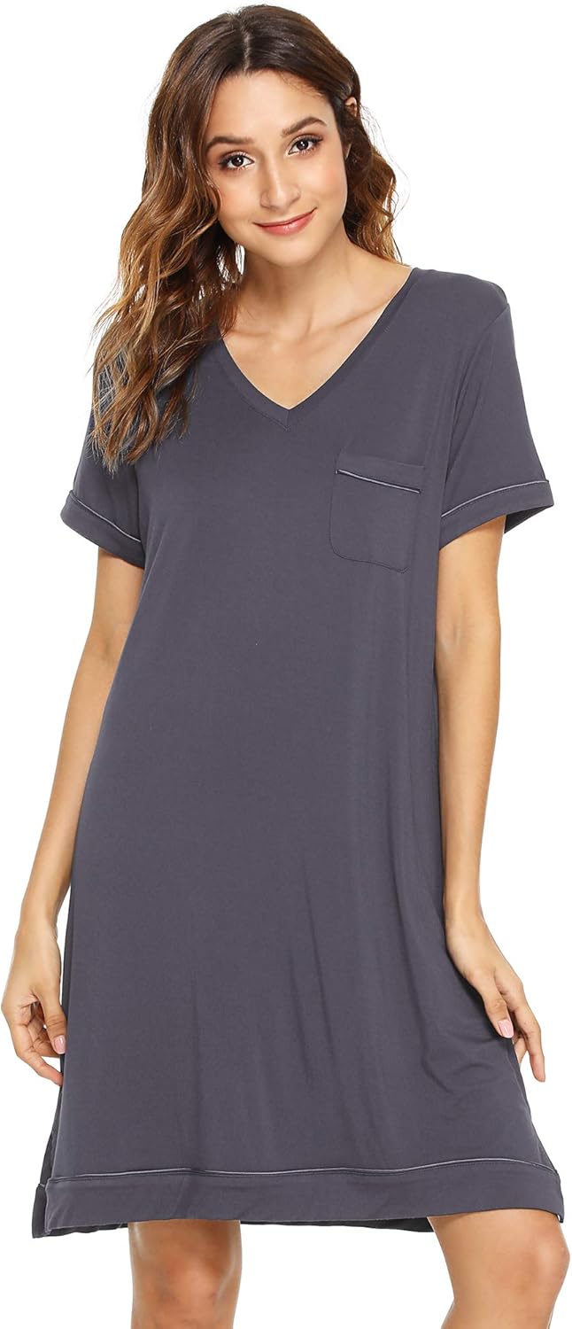 WiWi Viscose from Bamboo Nightgowns for Women Short Sleeve Sleep Shirt V Neck Nightgown Plus Size Sleepwear S-4X,