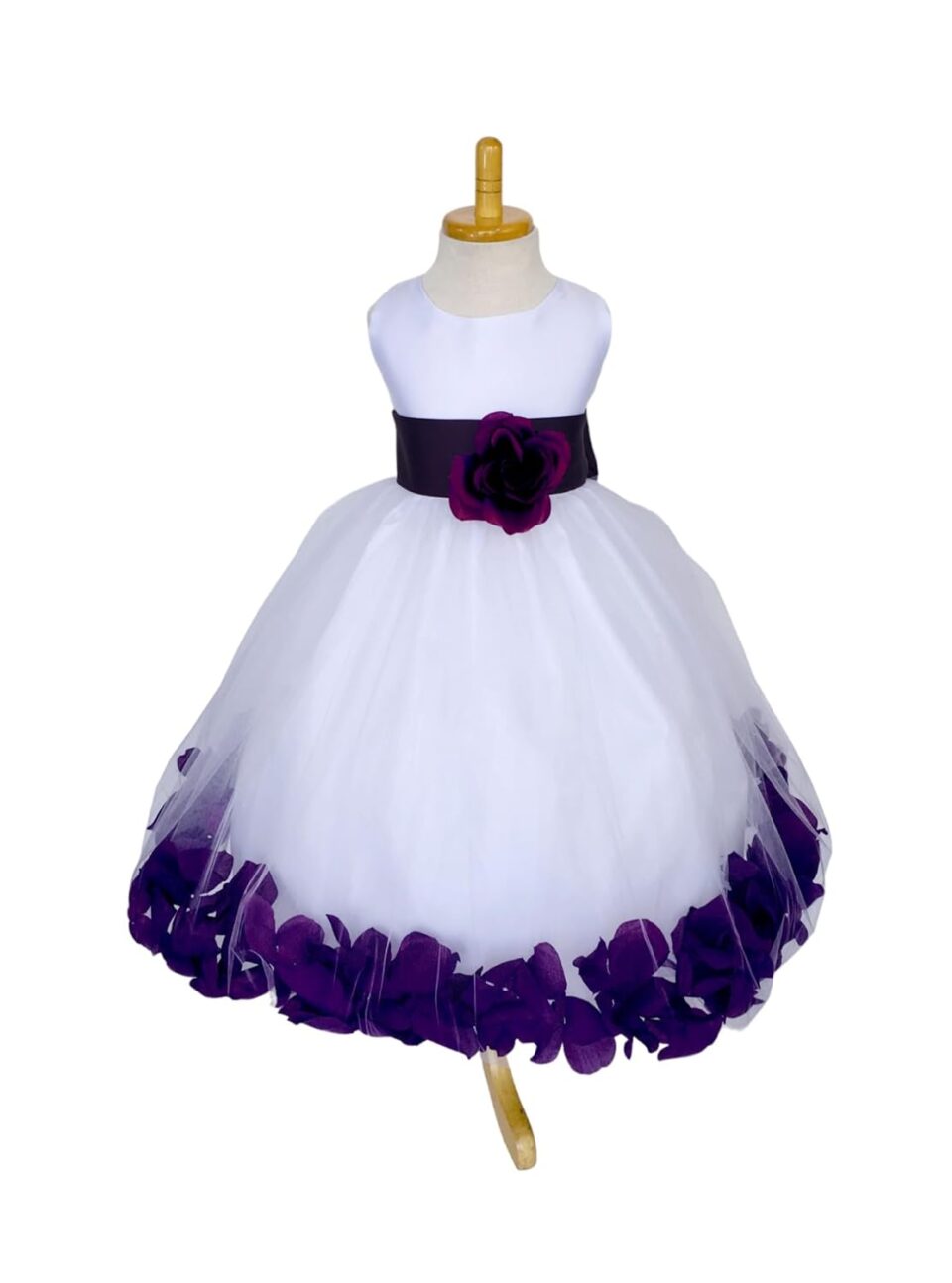 Rose Petal White Tulle Satin Flower Girl Gown Birthday Wedding Pageant (4T, Plum Accessories + Petals)