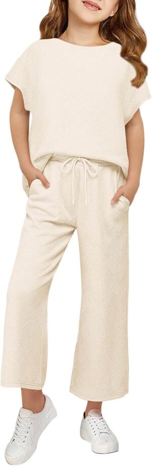 Haloumoning Girls' Clothing Sets Kids Fashion Short Sleeve Crew Neck Tops Wide Leg Pants Sweatsuit with Pocket 5-14Y