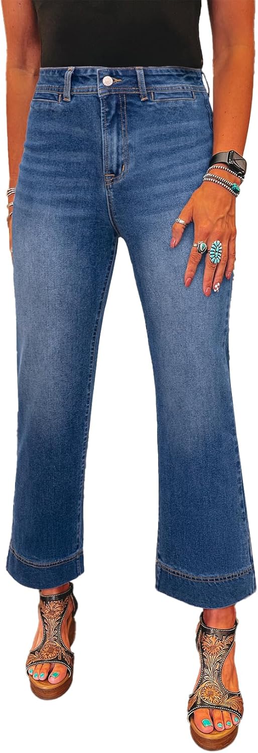 SHEWIN Wide Leg Jeans for Women Trendy High Waisted Flare Jeans Stretchy Straight Leg Ankle Denim Pants with Pockets