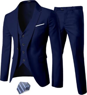 YND Men's Slim Fit 3 Pieces Suit, One Button Solid Jacket Pants Set with Tie for Wedding Party Business Prom