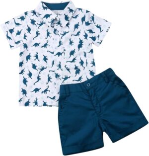 fhutpw Baby Toddler Boy Outfits 2T 3T 4T 5T Clothes Summer Kids Pattern Short Sleeve Button Down Shirt & Shorts Set
