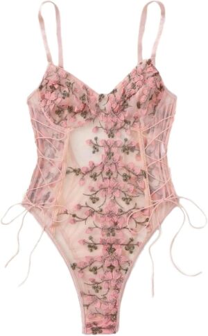 Lilosy Women Sexy Lace Up Floral Embroidered Teddy Lingerie Bodysuit Top Mesh Sheer One Piece