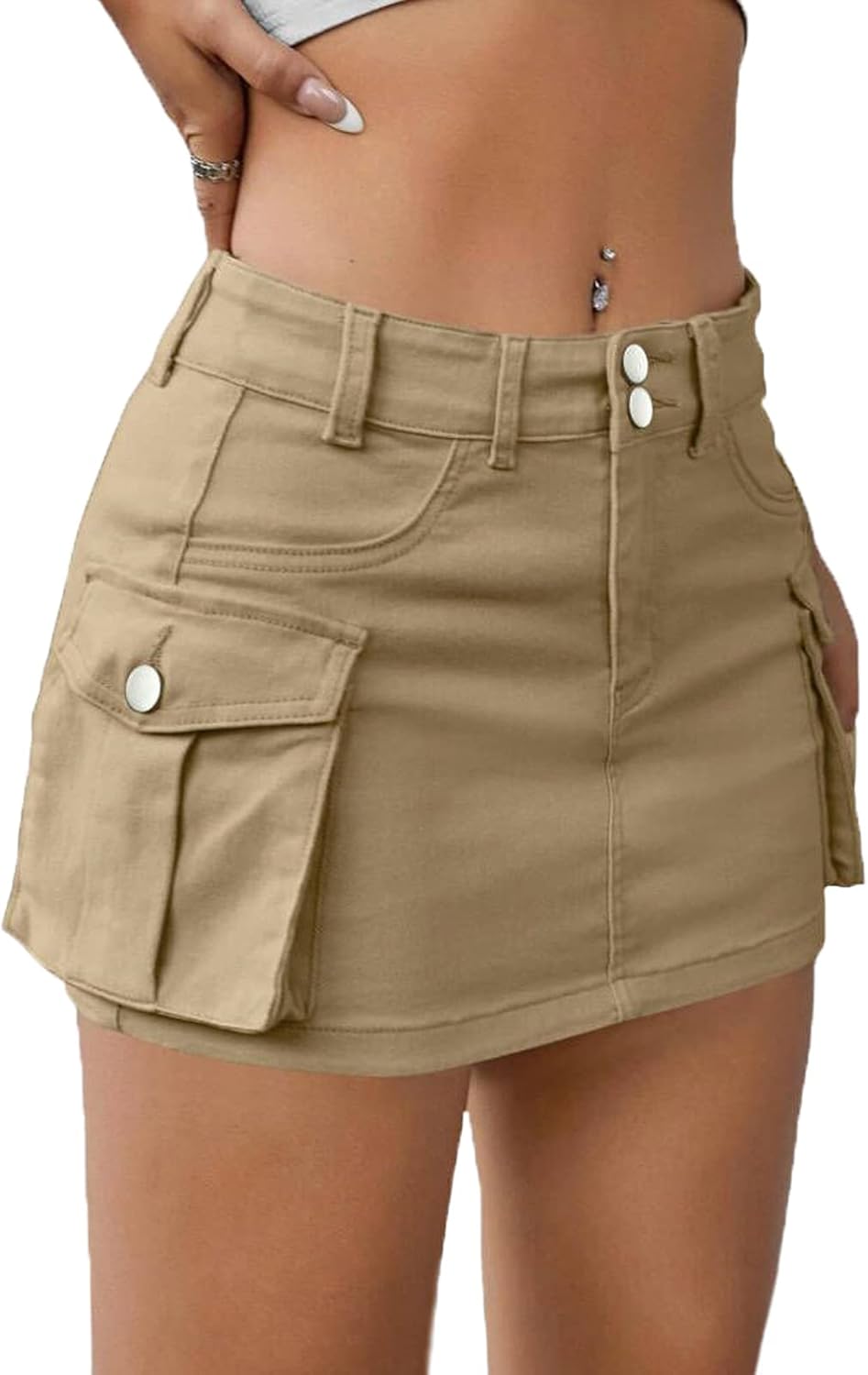 Low Waist Cargo Skirt Women Button Mini Cargo Denim Skirt with Pocket Mini Skirt