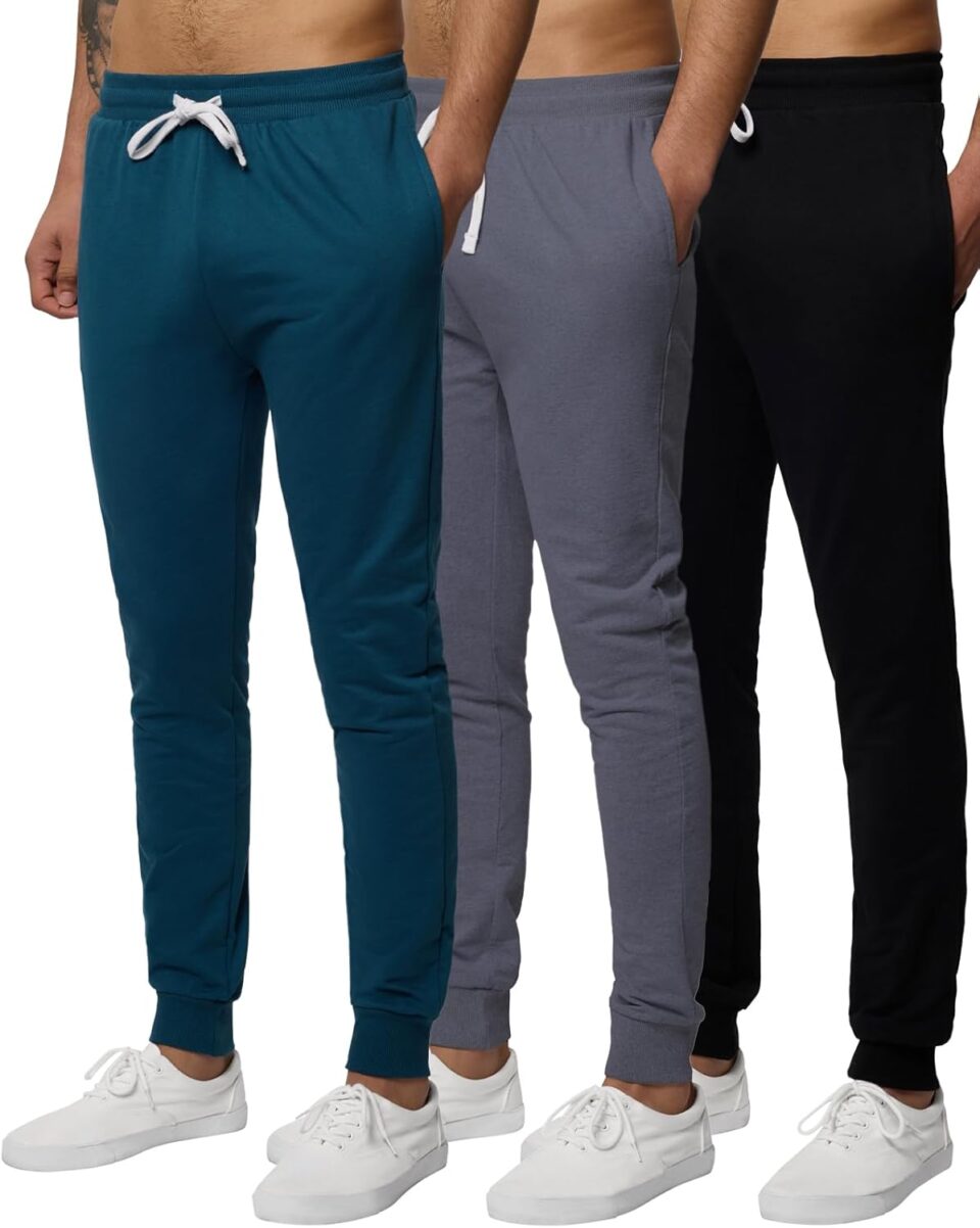 Real Essentials 3 Pack: Men's French Terry Fleece Active Casual Jogger Sweatpants with Pockets (Available in Big & Tall)
