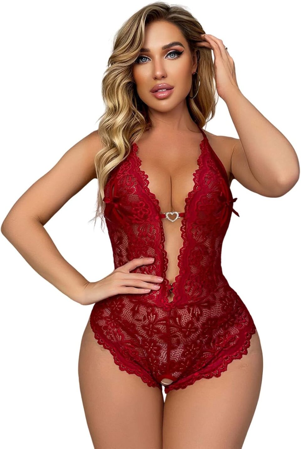Women's Lace Bodysuit Sexy Teddy Lingerie Deep V Floral One Piece Babydoll Lingerie