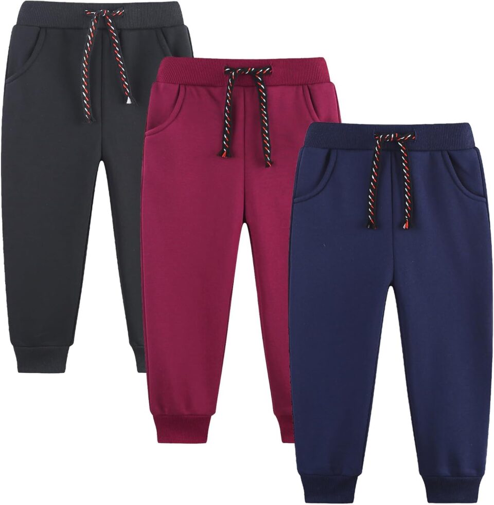 3 Pack Boy's and Girl's Fleece Pull on Jogger Sweatpant with Pockets and Drawstring 2-13 Years