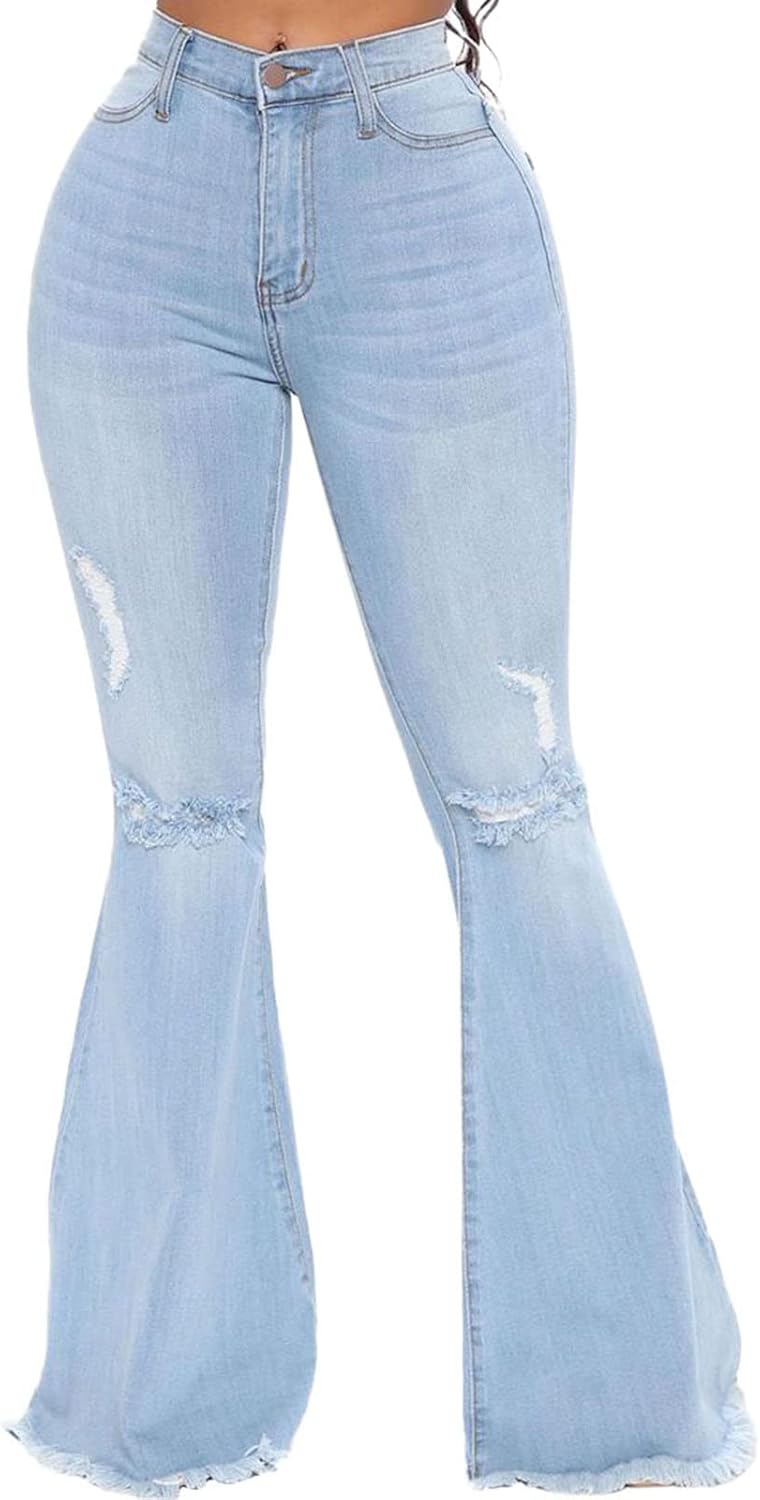 CutieLove Women's Ripped Jeans Bell Bottom Flare Jeans Mid Rise Destroyed Hem Denim Pants