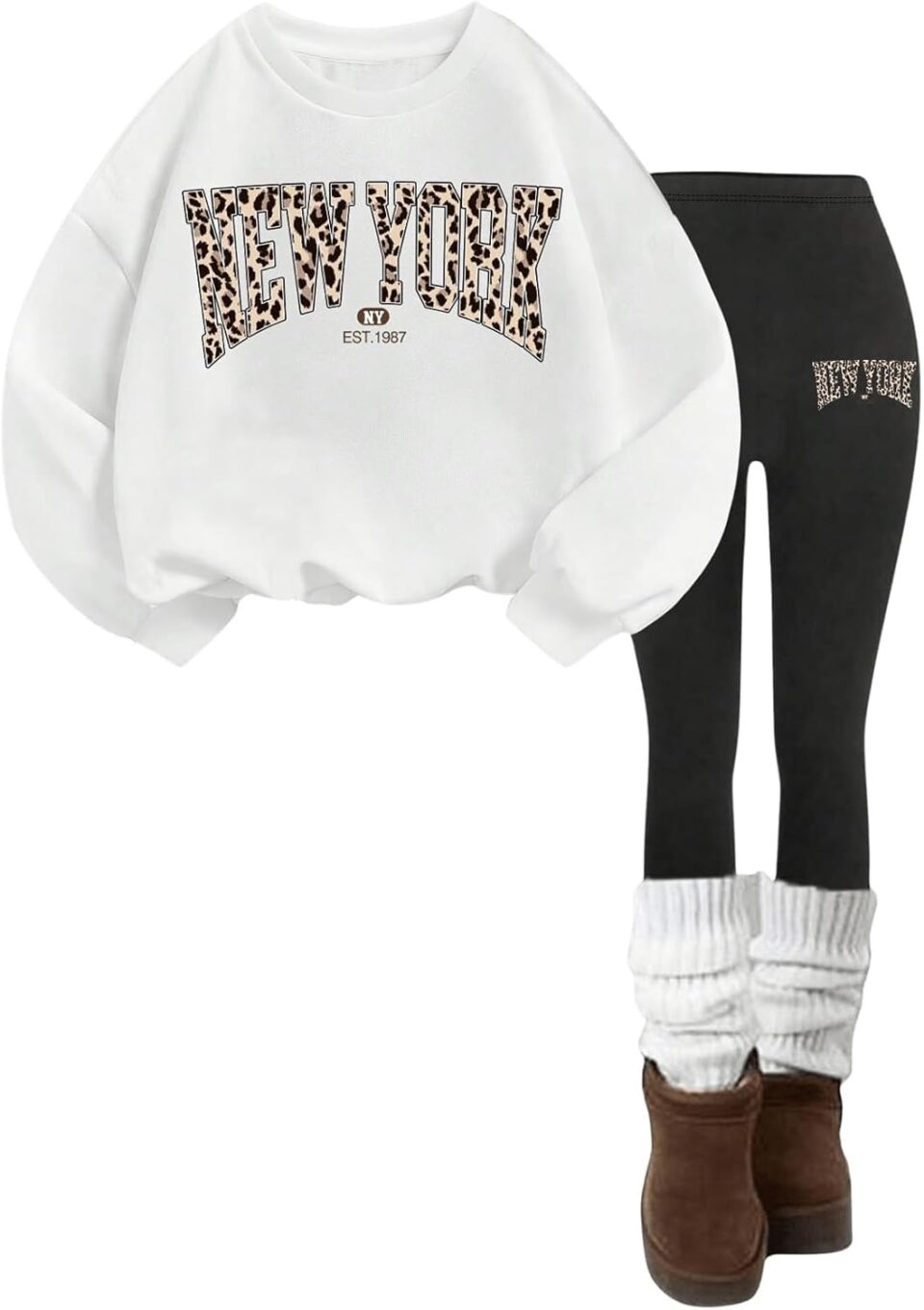 SweatyRocks Girl's Clothing Sets Leopard Print Long Sleeve Crewneck Sweatshirt and Leggings 2 Piece Outfits