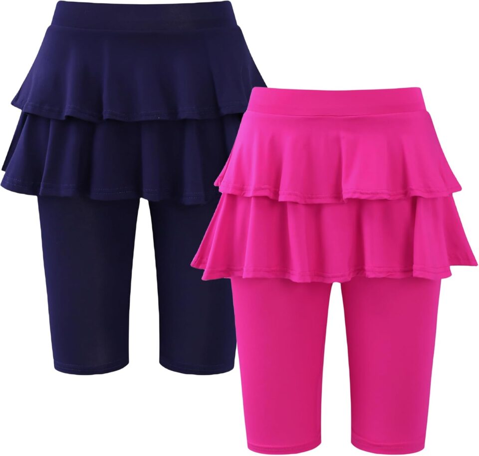 Girls 4-12 Years Knee-Length Skirted Leggings, Summer Stretchy Athletic Pants for Toddler Kids - Breathable & Durable