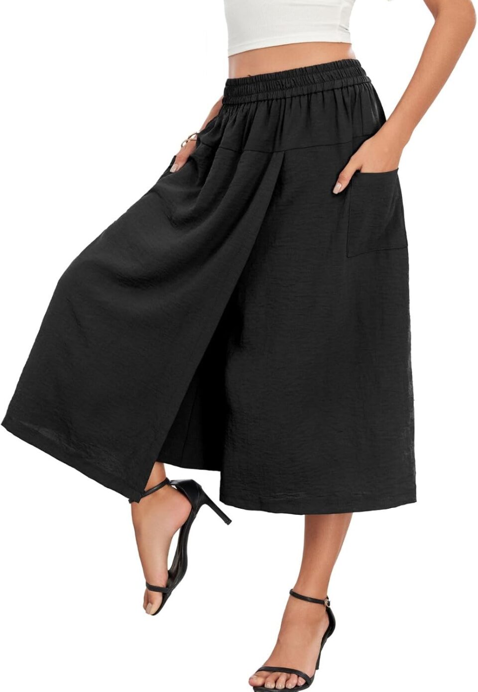 Women's Dressy Casual Skirt Relaxed Fit Flowy Capri Culottes Unique Drape Skirts Pants with 2 Pockets