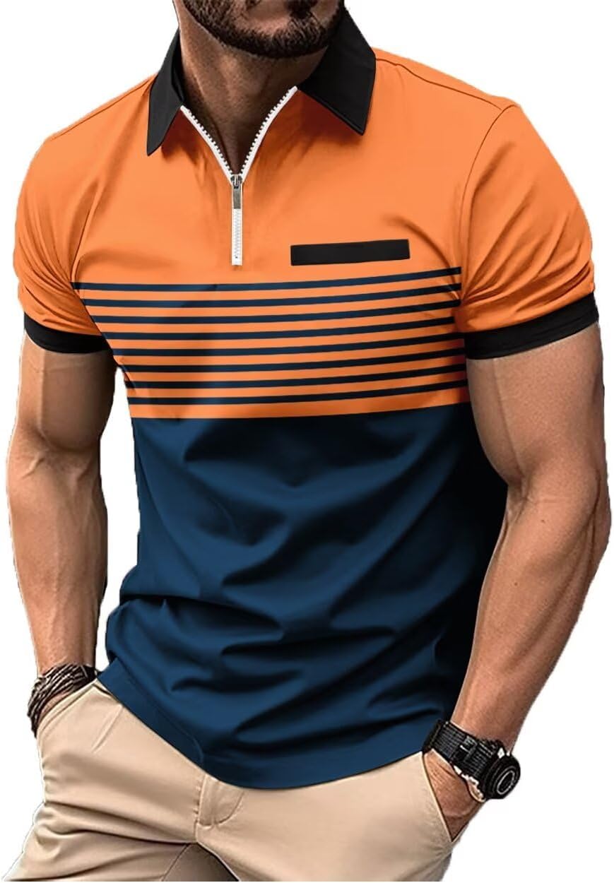 Men's Polo Shirts 2025 Short Sleeve Casual Polo T Shirt Color Block Slim Fit Golf Shirts with Pocket