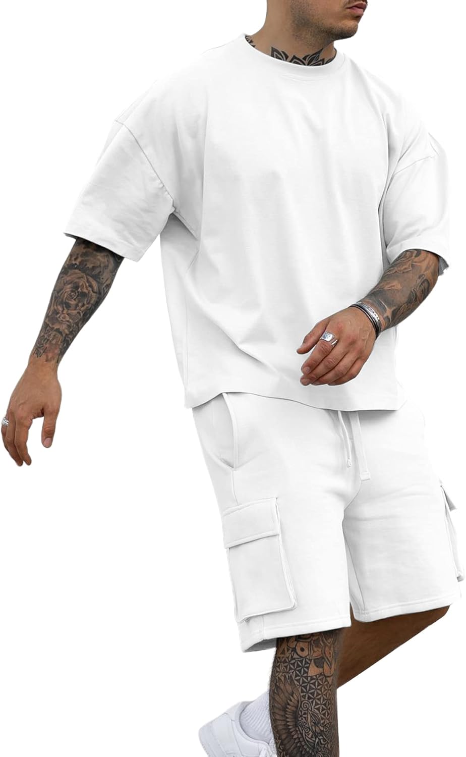 YawYews Men's 2 Piece Outfits Casual Tracksuit Cargo Shorts Summer Athletic Drop Shoulder Sleeve Sportwear Set