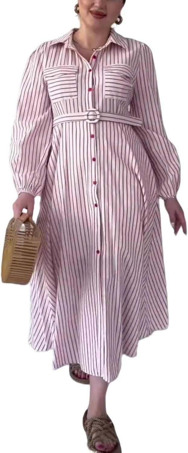 utcoco Womens 2025 Striped Shirt Dress Casual Lapel Long Sleeve Button Down Belted Long Maxi Dress
