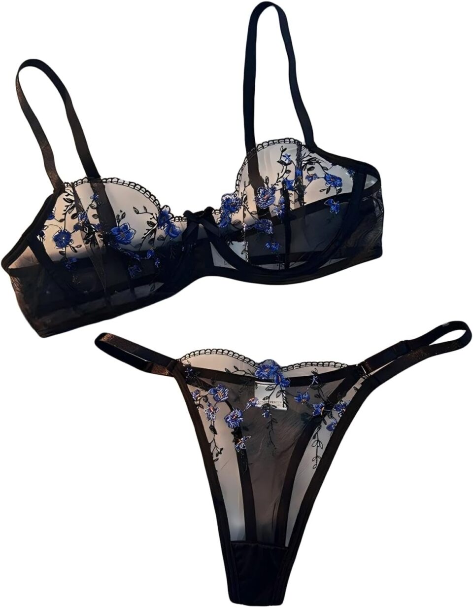 Women's Floral Embroidered Lingerie Set Sheer Mesh Lace Underwire Bra Lingerie Set