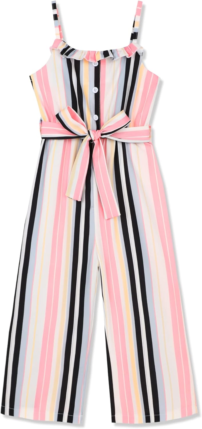 Crazyme Girls Jumpsuit Striped Sleeveless Girl Casual Rompers Suspender Wide Leg Pants with Belt Jumpsuit for Girls 4-13Y