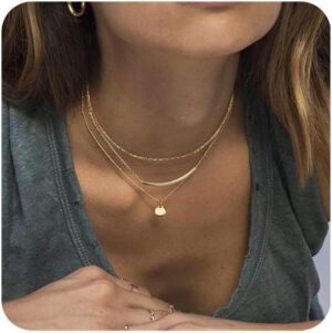 Aisansty Dainty Layered Choker Necklaces Handmade Coin Tube Star Pearl Pendant Multilayer Adjustable Layering Chain Gold Plated Necklaces Set for Women