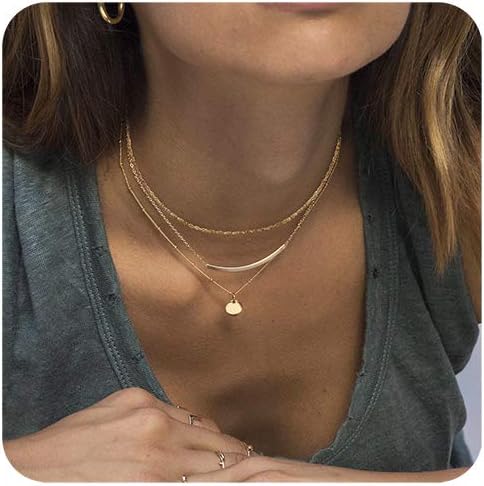 Aisansty Dainty Layered Choker Necklaces Handmade Coin Tube Star Pearl Pendant Multilayer Adjustable Layering Chain Gold Plated Necklaces Set for Women