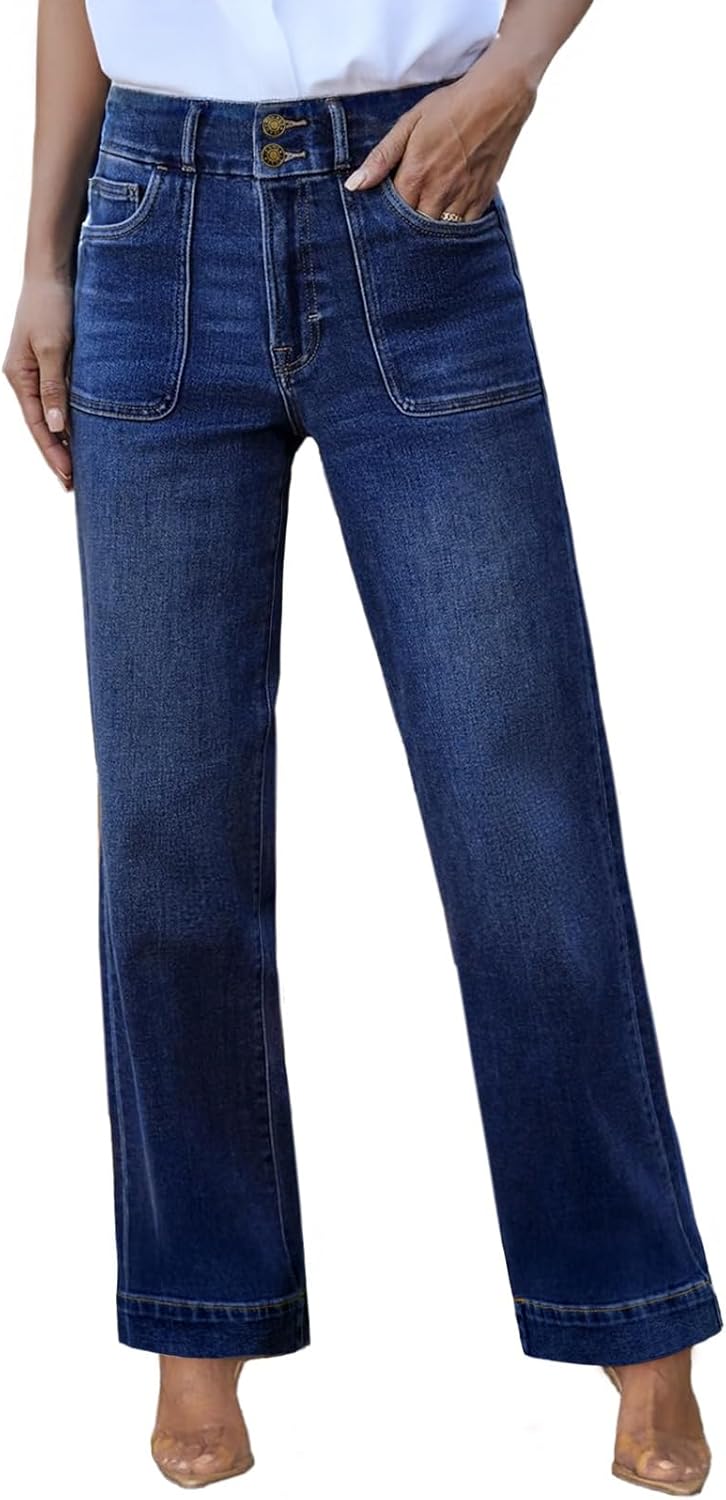 Sidefeel Women's High Waisted Straight Leg Jeans Stretchy Tummy Control Wide Leg Denim Pants with Pockets