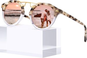 CARFIA Small Face Acetate Polarized Sunglasses for Women UV Protection, Retro Double Bridge Eyewears Metal Brow Round Sunnies