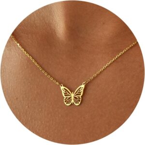 14K Gold Plated Dainty Butterfly Baseball Crown Compass Shell Starfish Airplane Bird Heart Lightning Leaf Turtle Horse Cherry Paperclip Bow Necklace Simple Jewelry