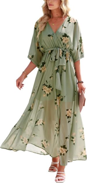 ANRABESS Women’s Summer Loose Boho Flowy Wrap V Neck 3/4 Sleeve Floral Print Slit Beach Wedding Guest Long Maxi Dresses