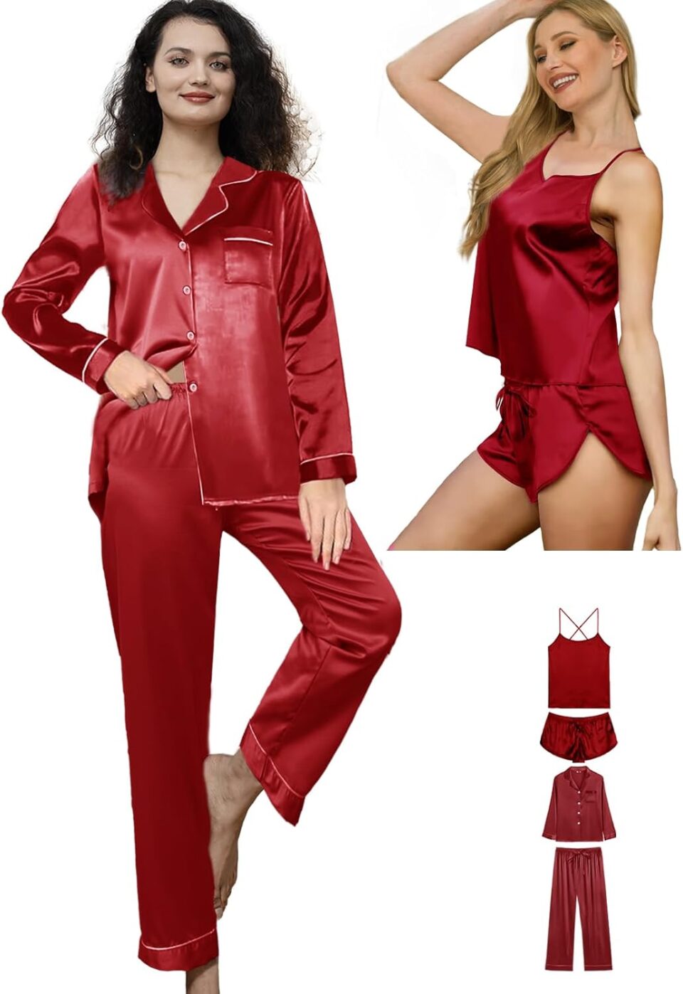 4Pcs Womens Silk Pajama Sets Satin Pajamas Set Sexy Cami Lingerie Pjs Nightwear Silky Pj Loungewear Sleepwear
